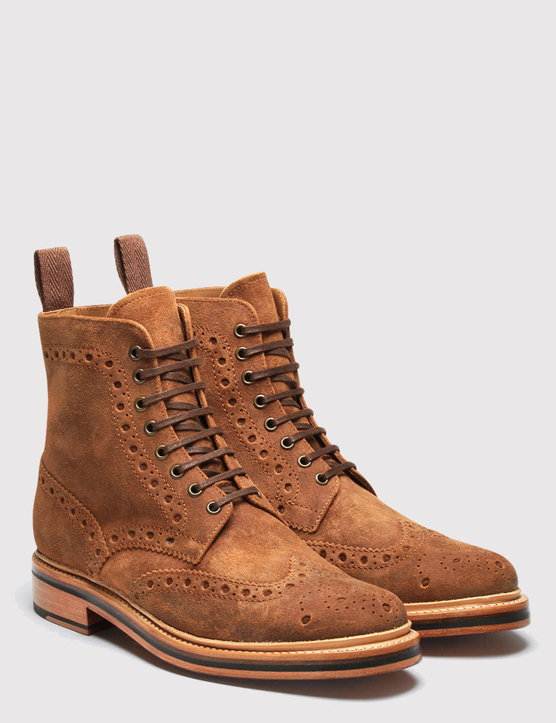 Grenson Fred Brogue Suede Boot - Snuff