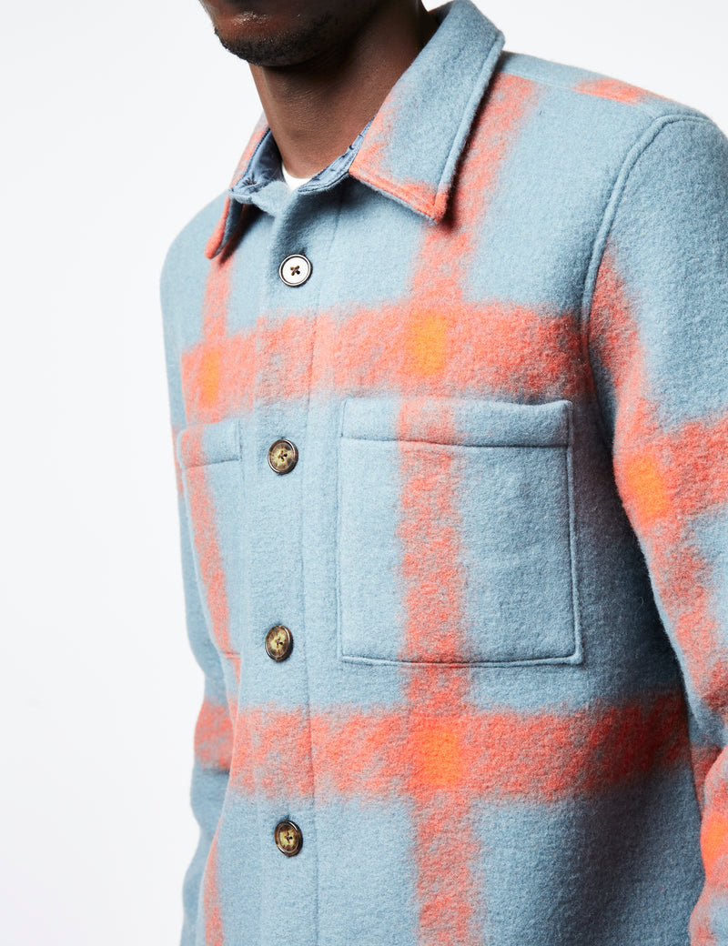 Portuguese Flannel Plaid Fleece Overshirt - Blue/Orange