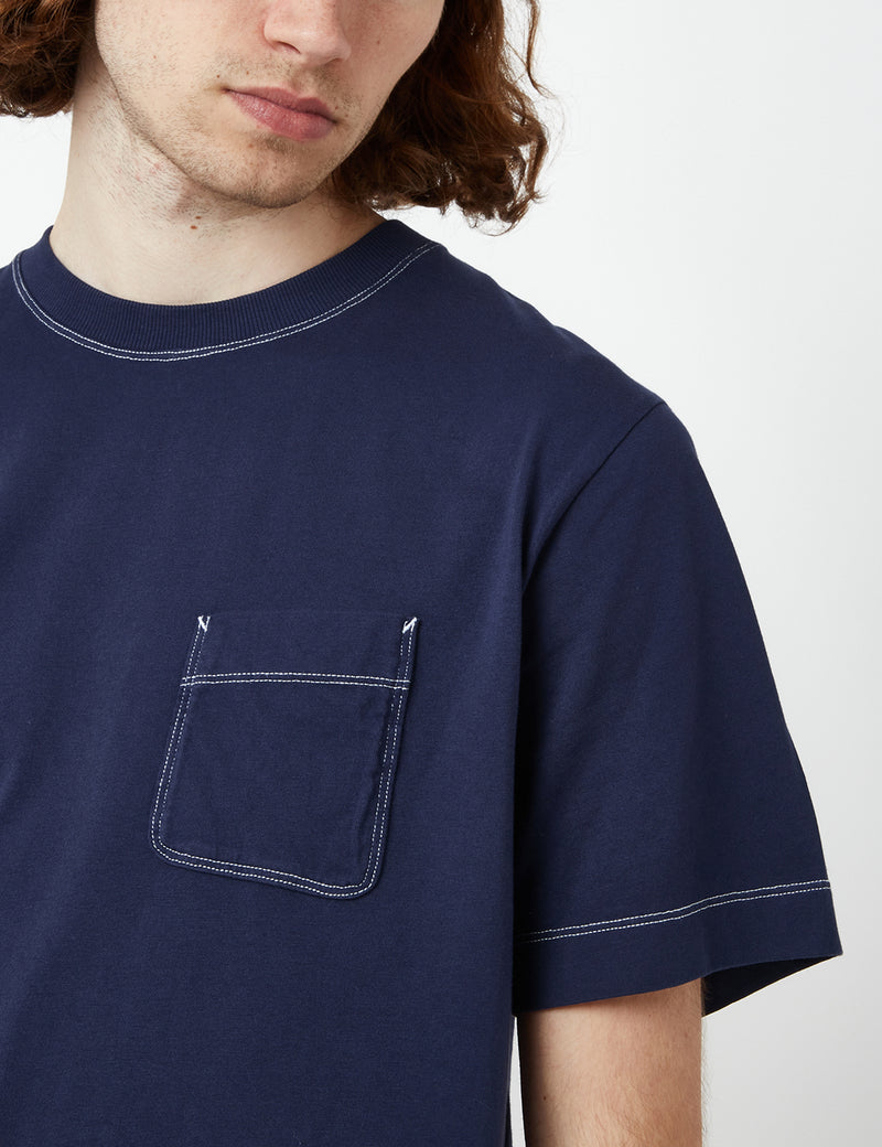 Bhode 콘트라스트 스티치 포켓 티셔츠(오가닉) - 피코트 블루