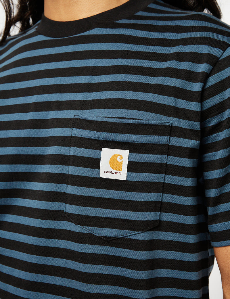 Carhartt-WIP Seidler Pocket T-Shirt (Seidler Stripe) - Squid Dark Blue/Black