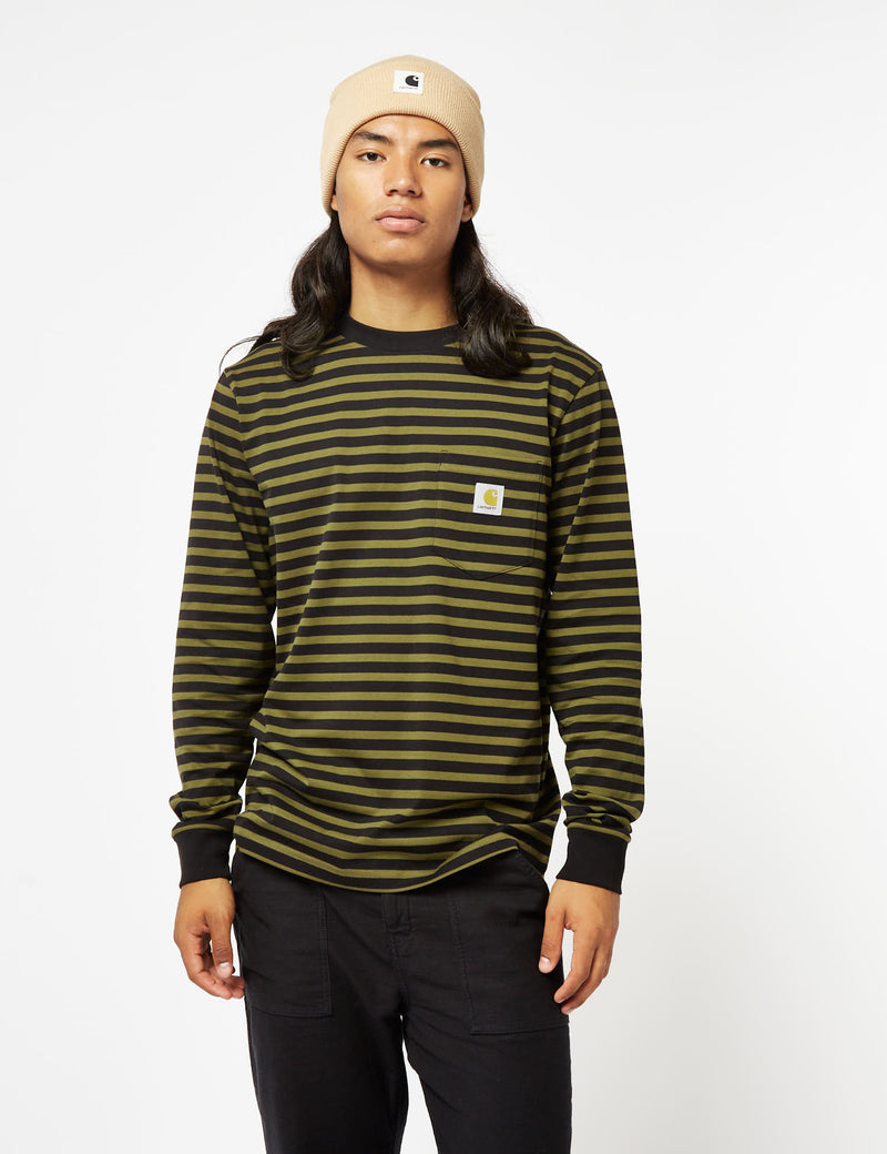 Carhartt-WIP Seidler Pocket Long Sleeve T-Shirt (Seidler Stripe) - Highland Green