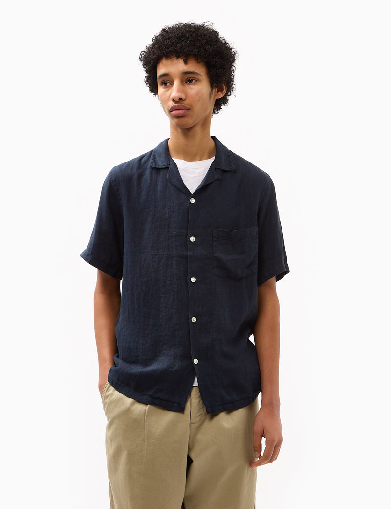 Portuguese Flannel Linen Camp Collar Short Sleeve Shirt - Navy Blue