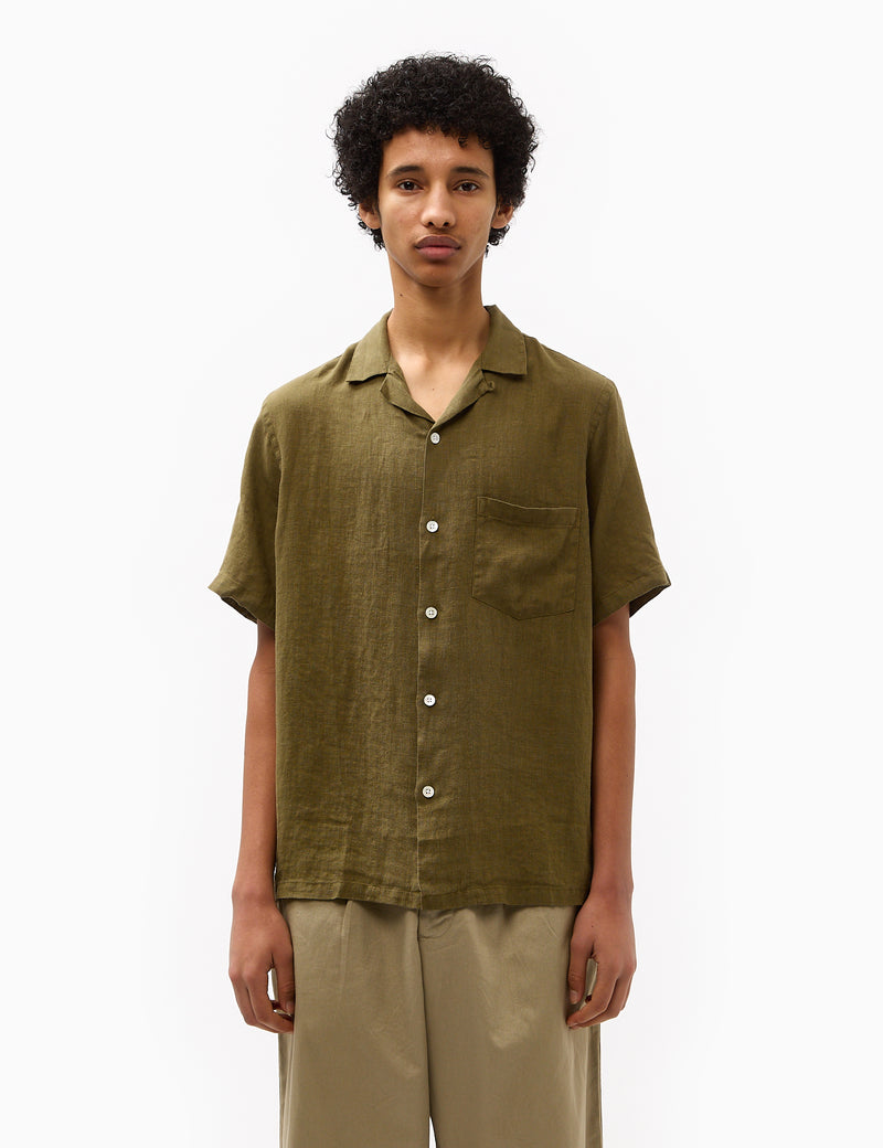 Portuguese Flannel Linen Camp Collar Short Sleeve Shirt - Olive