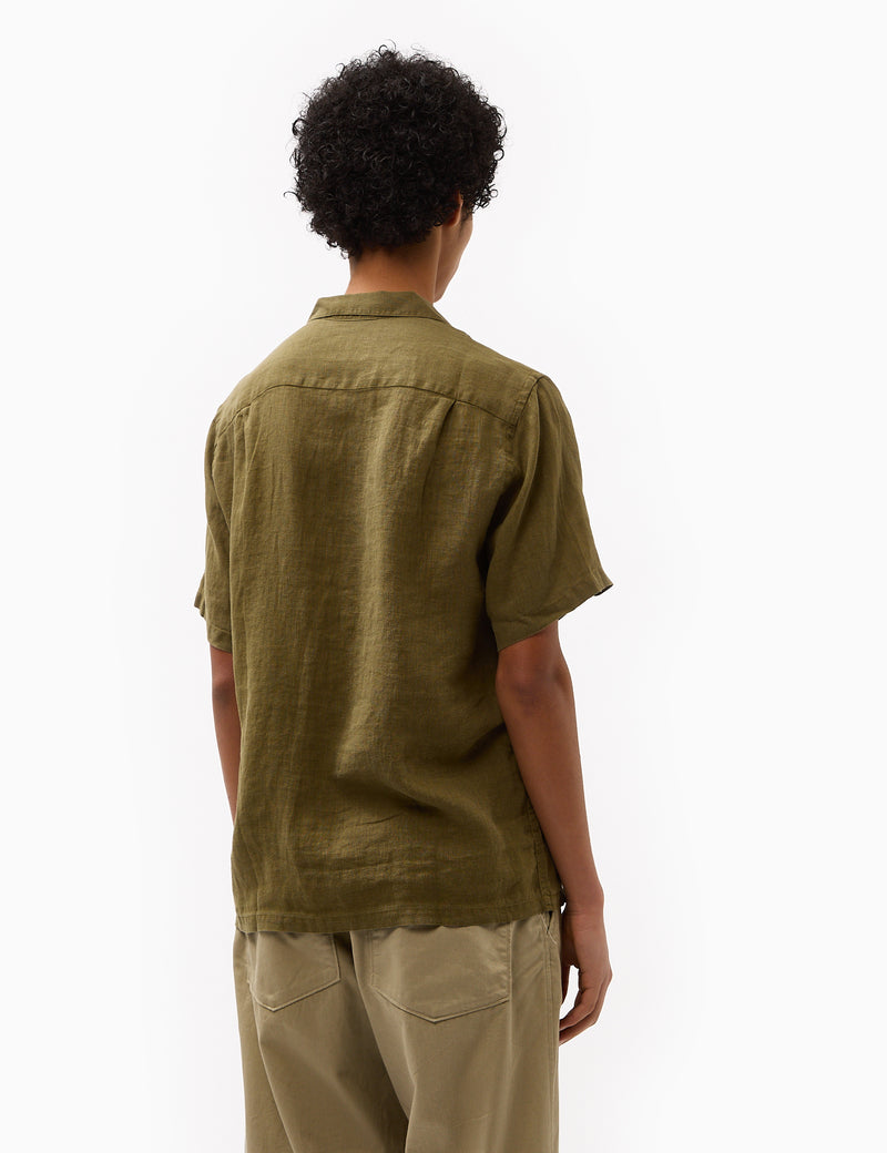 Portuguese Flannel Linen Camp Collar Short Sleeve Shirt - Olive