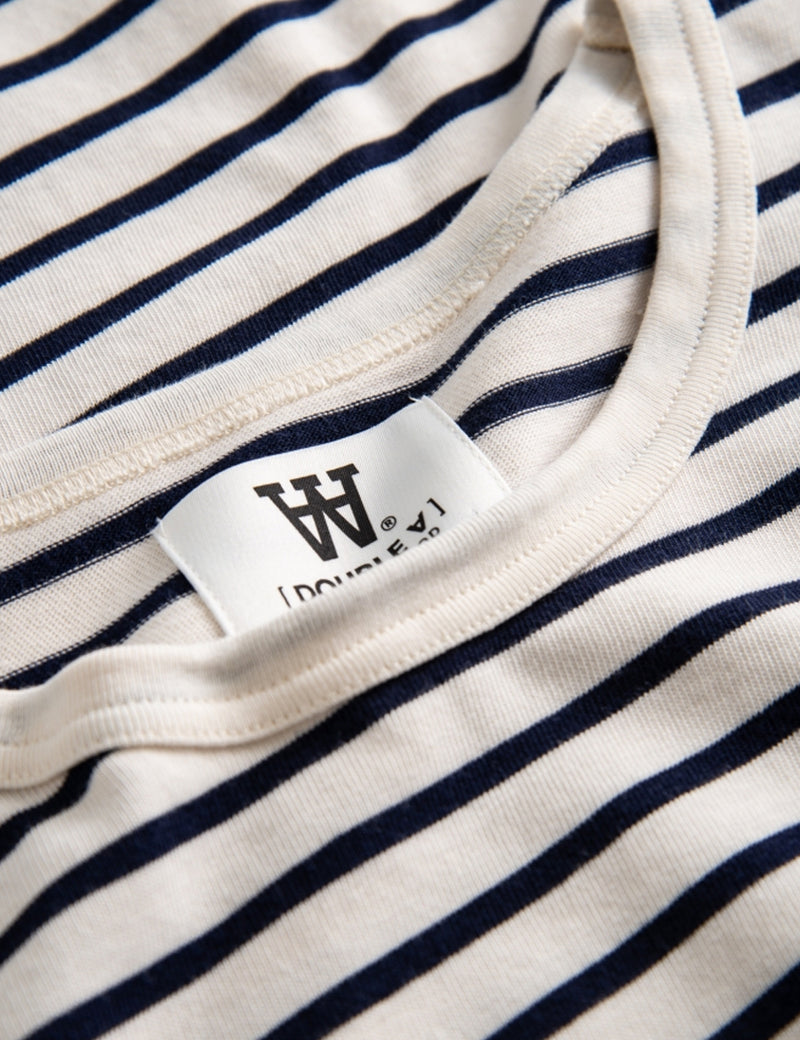 Wood Wood Mel Stripe Langarm-T-Shirt - Off-White/Navy Stripes