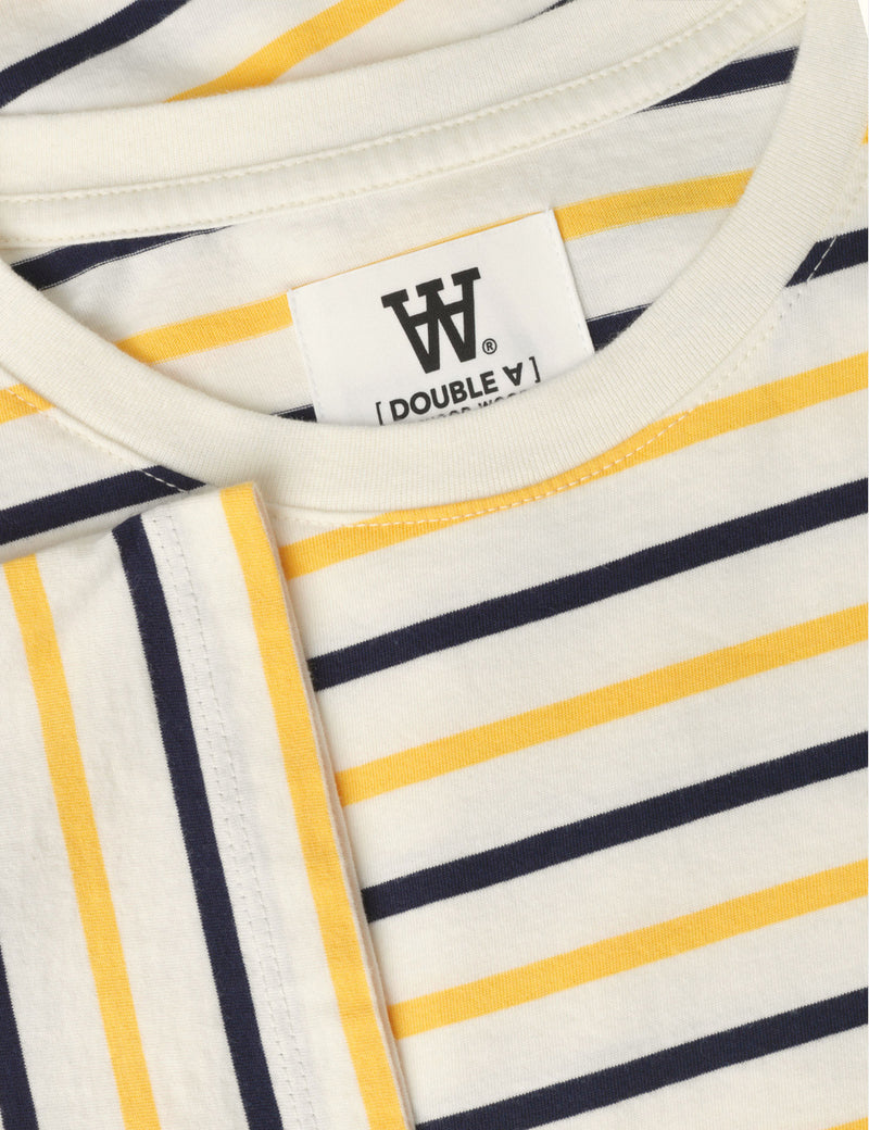 Wood WoodレディースミアストライプTシャツ-オフホワイト/イエローストライプ