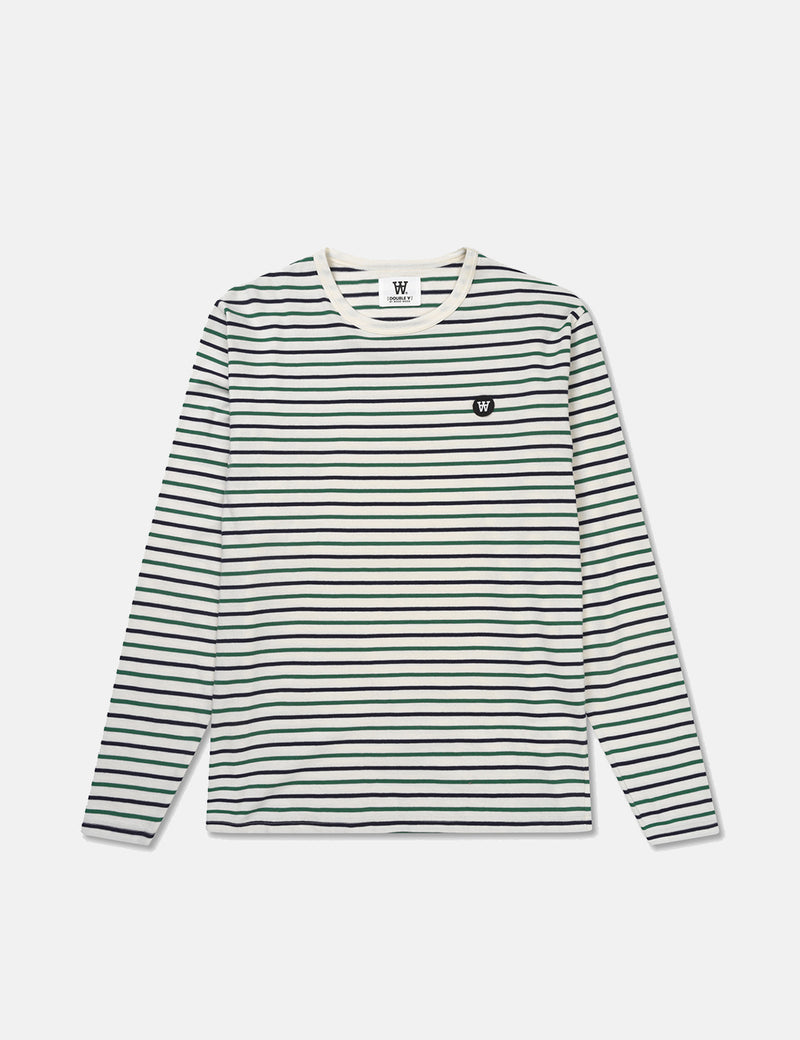 T-Shirt à Manches Longues Wood Wood Mel Stripe - Blanc Cassé/Rayures Vertes