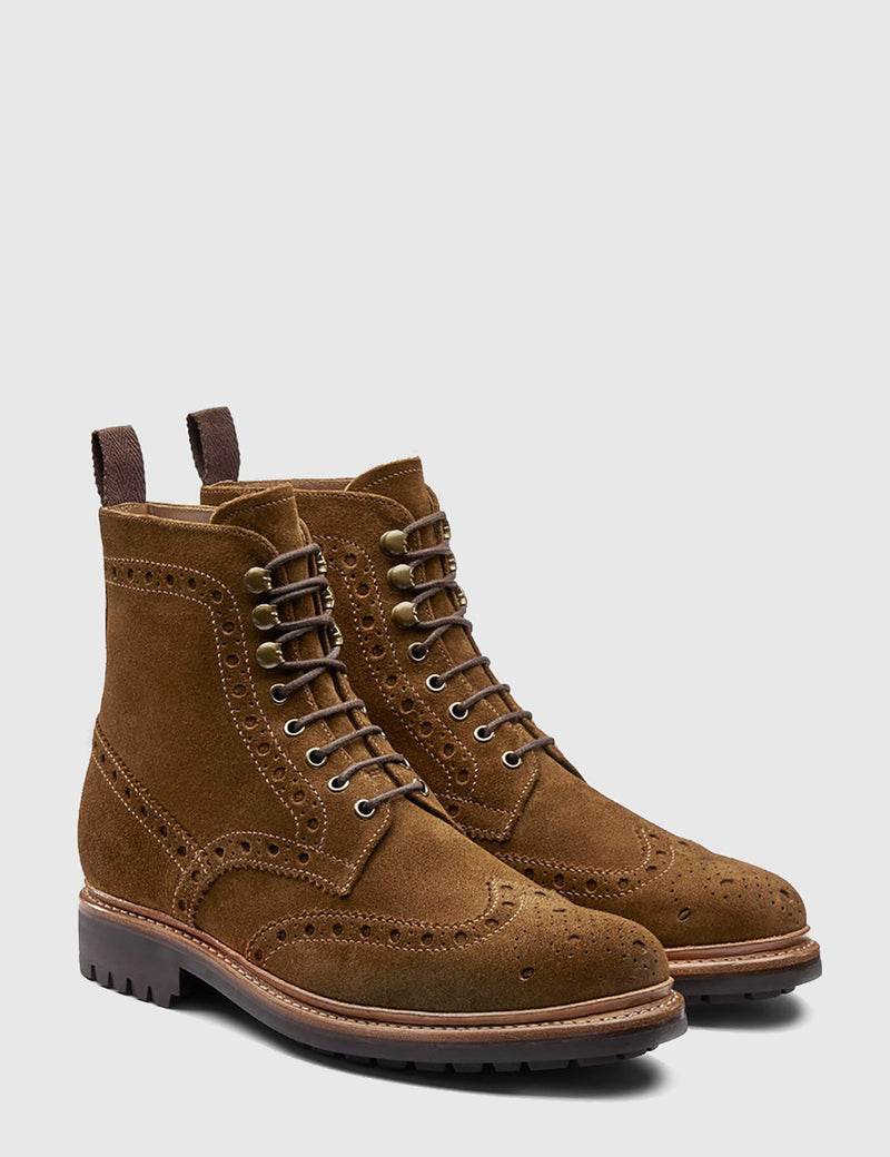 Grenson Fred Brogue Boot (Suede) - Snuff Brown