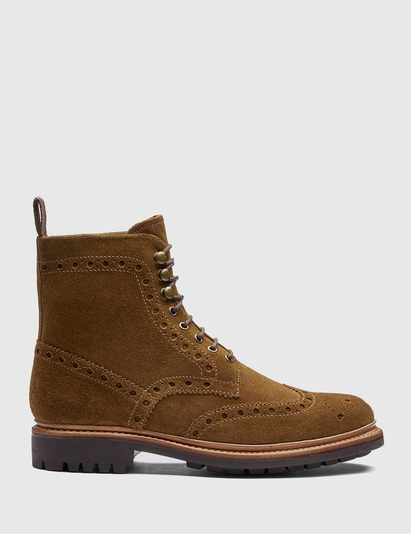 Grenson Fred Brogue Boot (Suede) - Snuff Brown