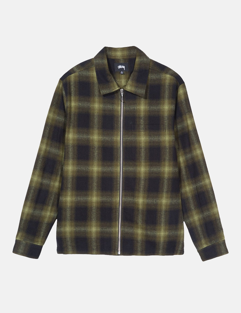 Stussy Zip Up Shadow Plaid Long Sleeve Shirt - Green