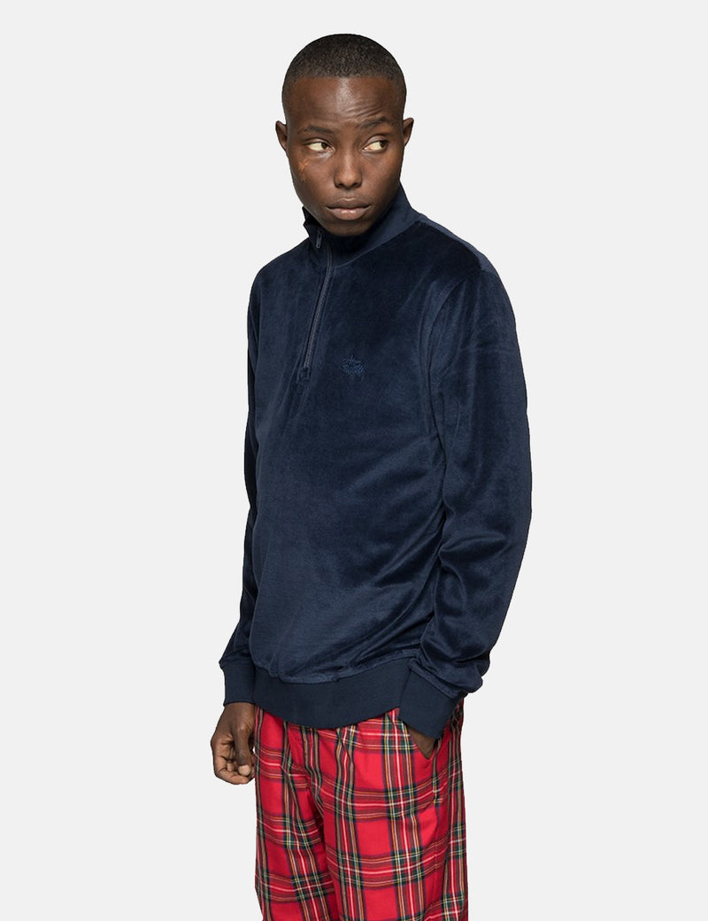 Stussy Velour Long Sleeve Zip Mock Sweatshirt - Navy Blue