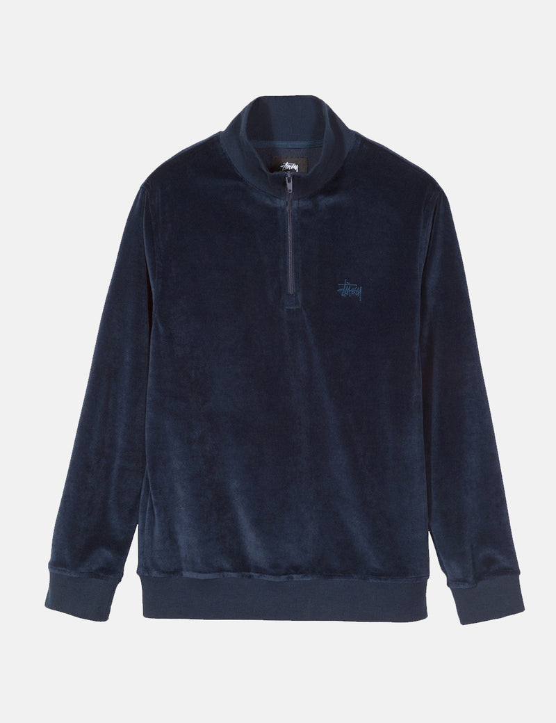 Stussy Velour Long Sleeve Zip Mock Sweatshirt - Navy Blue