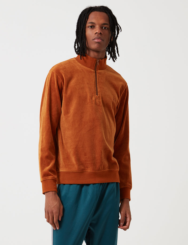 Stussy Velour Long Sleeve Zip Mock Sweatshirt - Rust Red