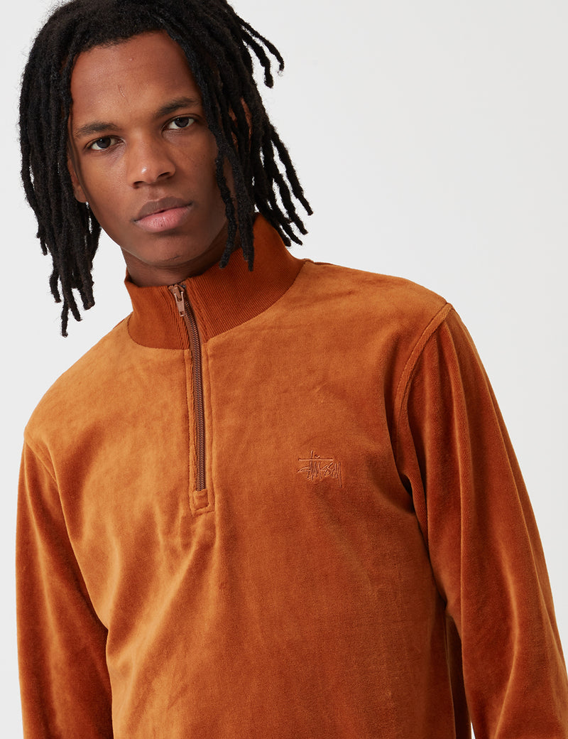 Stussy Velor Long Sleeve Zip Mock Sweatshirt-Rust Red