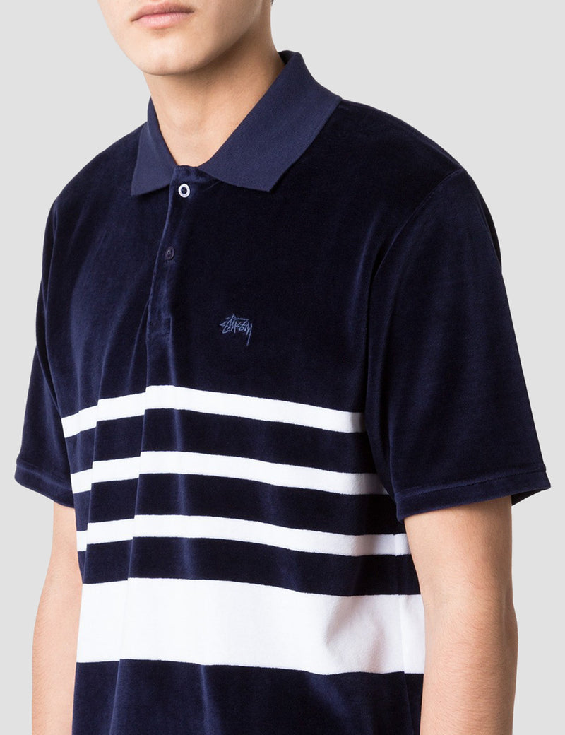 Stussy Velour Stripe Polo T-Shirt - Navy Blue