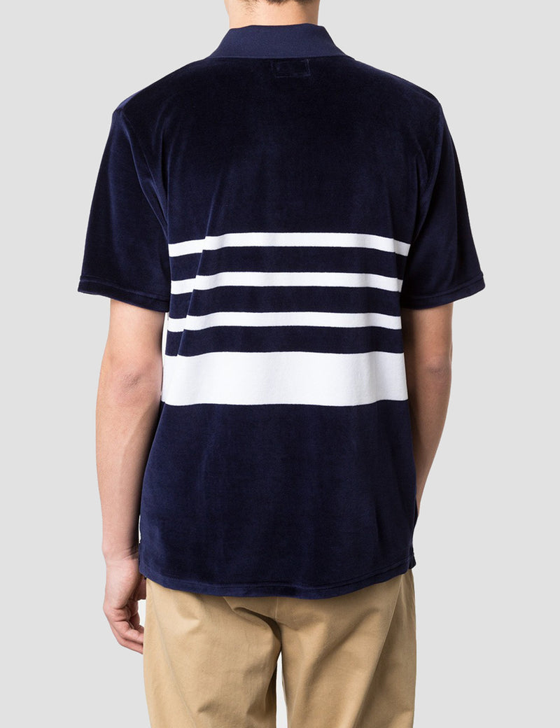 Stussy Velour Stripe Polo T-Shirt - Navy Blue