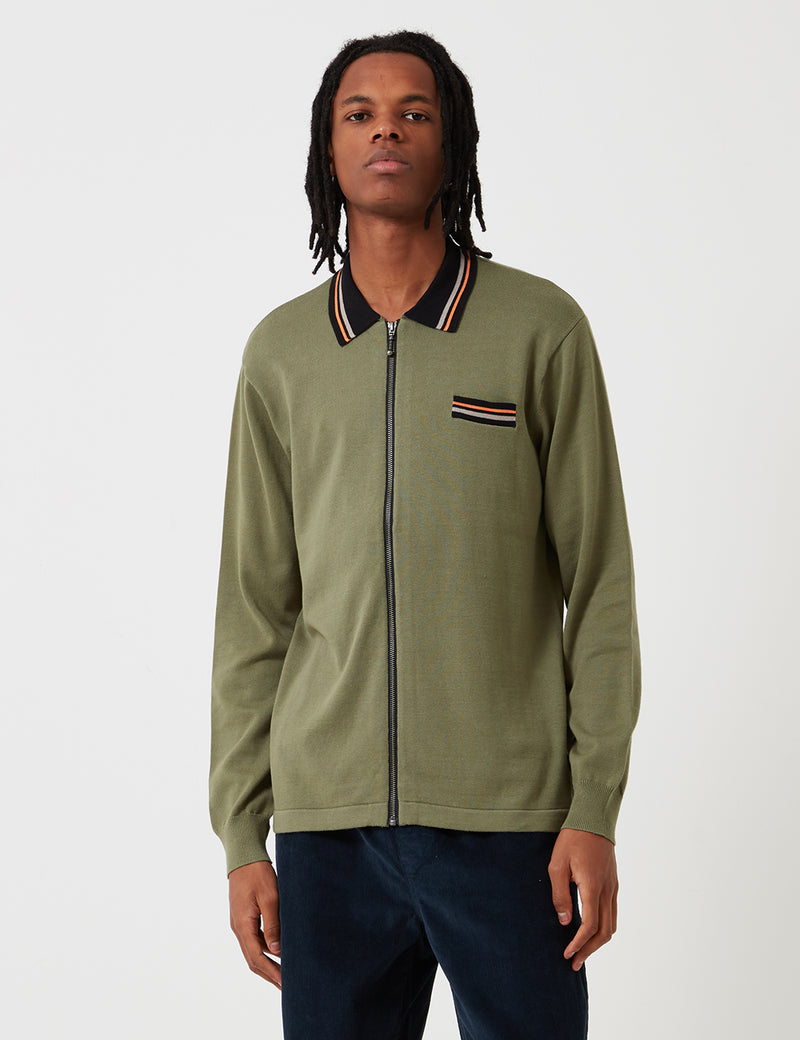 Stussy Perry Zip Long Sleeve Knit Polo Shirt-Olive Green