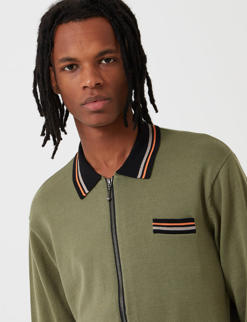 Stussy Perry Zip Langarm Knit Polo-Hemd - Olivgrün