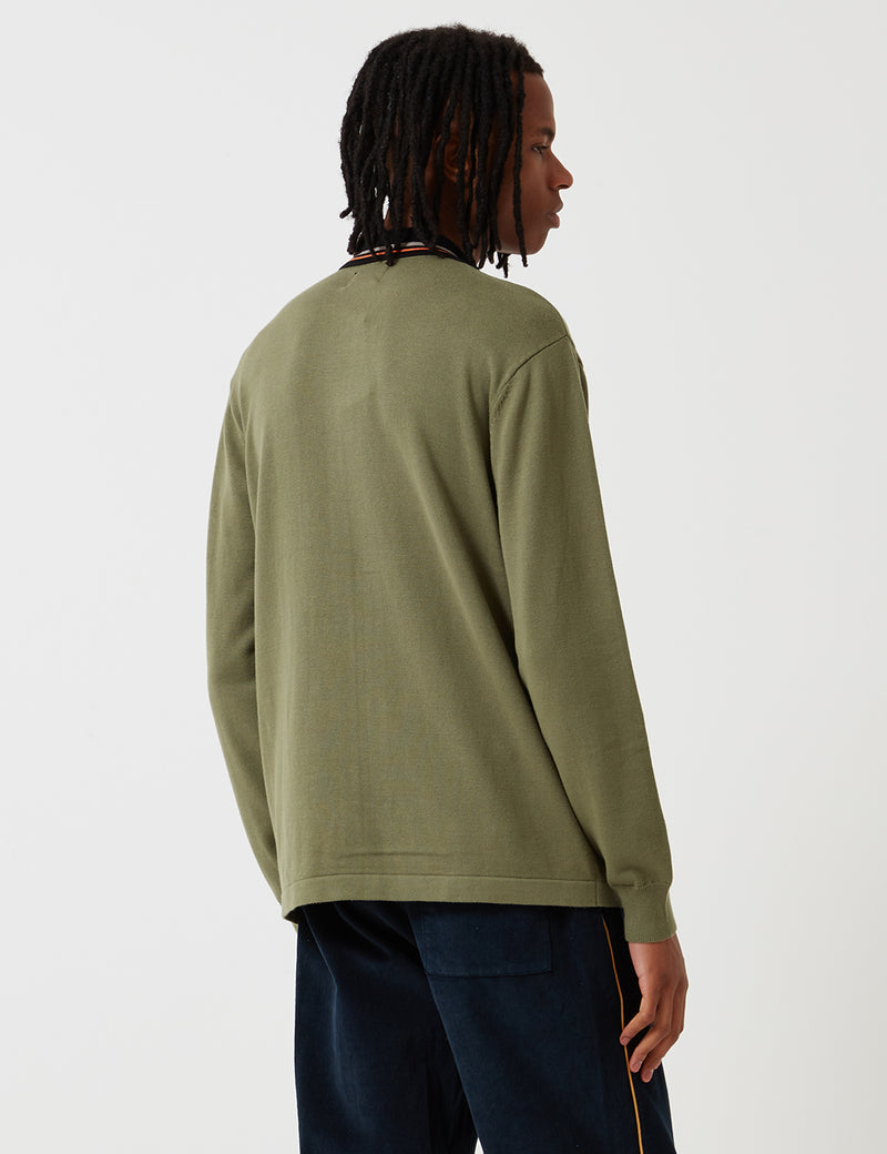Stussy Perry Zip Long Sleeve Knit Polo Shirt-Olive Green