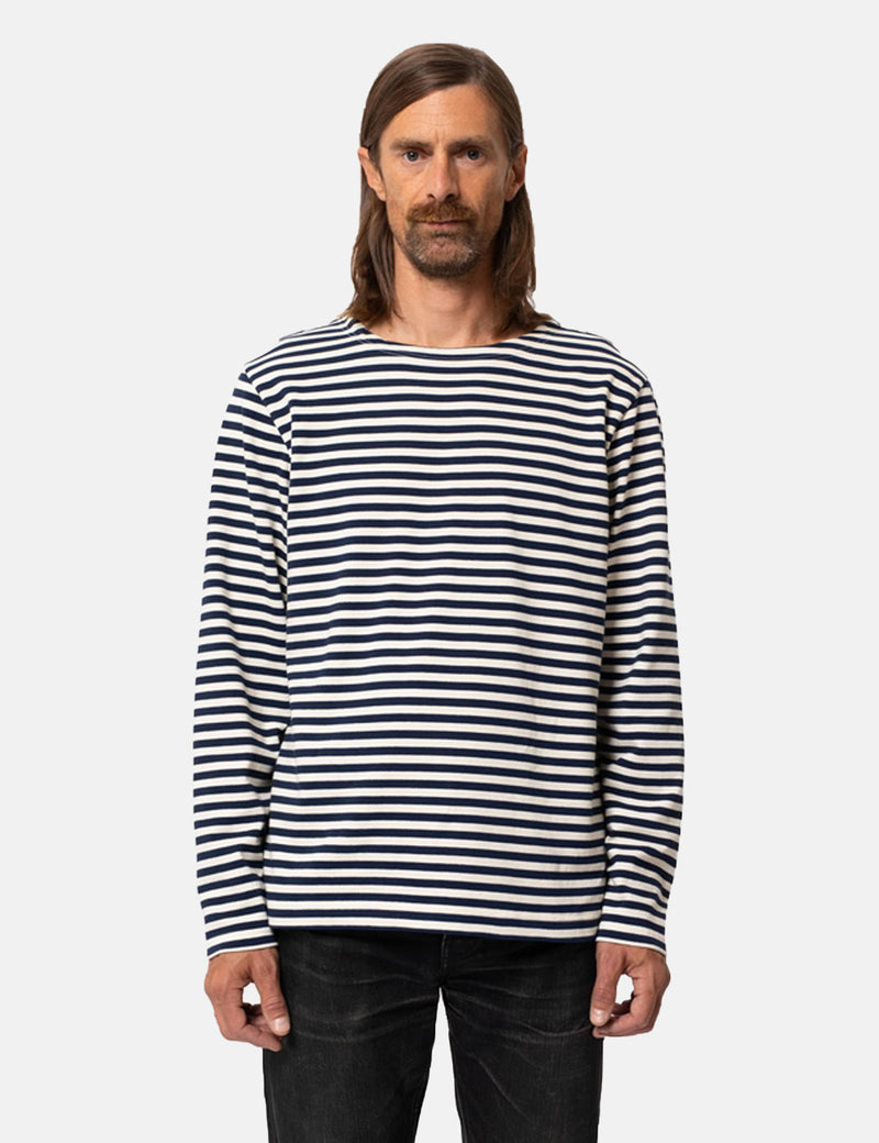T-Shirt Rayé Nudie Charles Breton - Bleu/Blanc Cassé