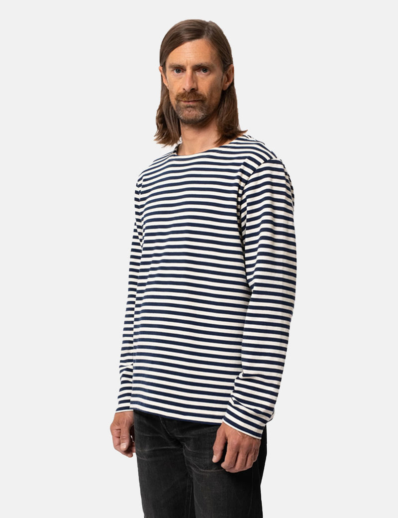 T-Shirt Rayé Nudie Charles Breton - Bleu/Blanc Cassé