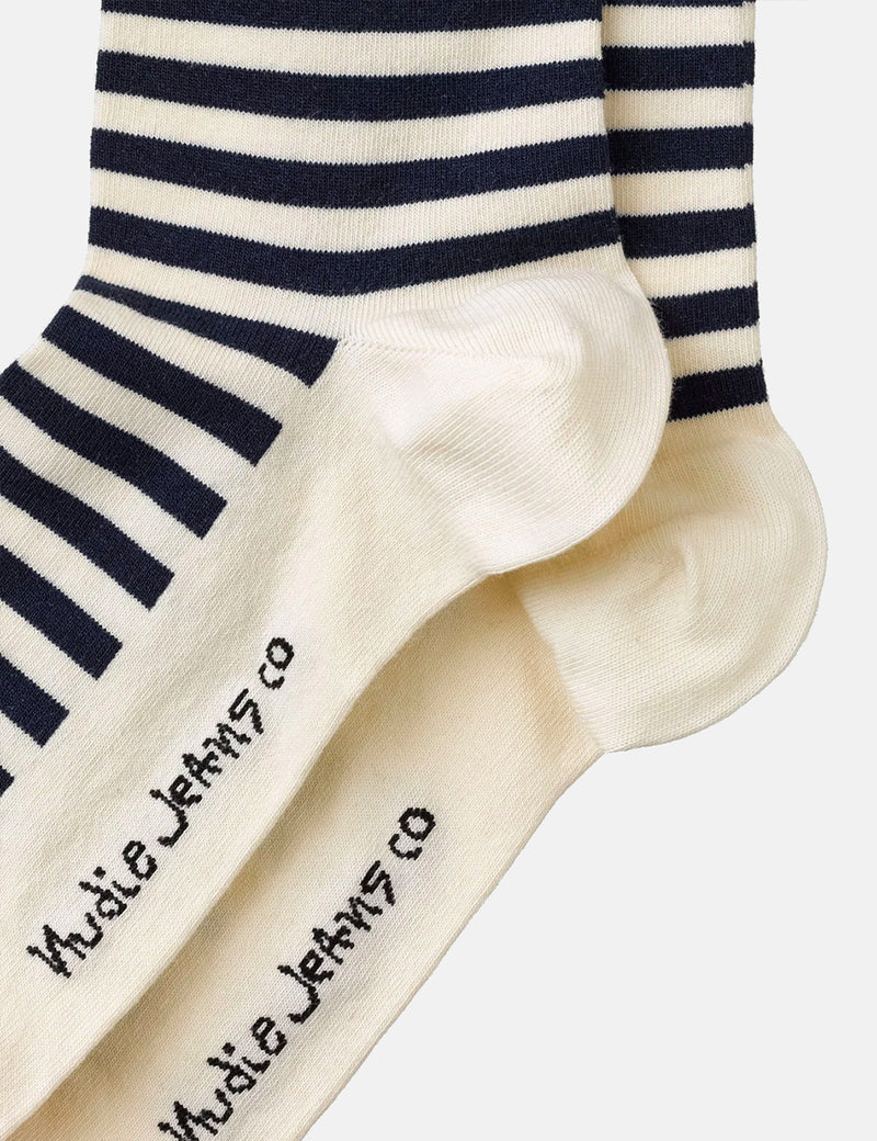 Nudie Olsson Breton Stripe Socken - Off White/Navy Blue