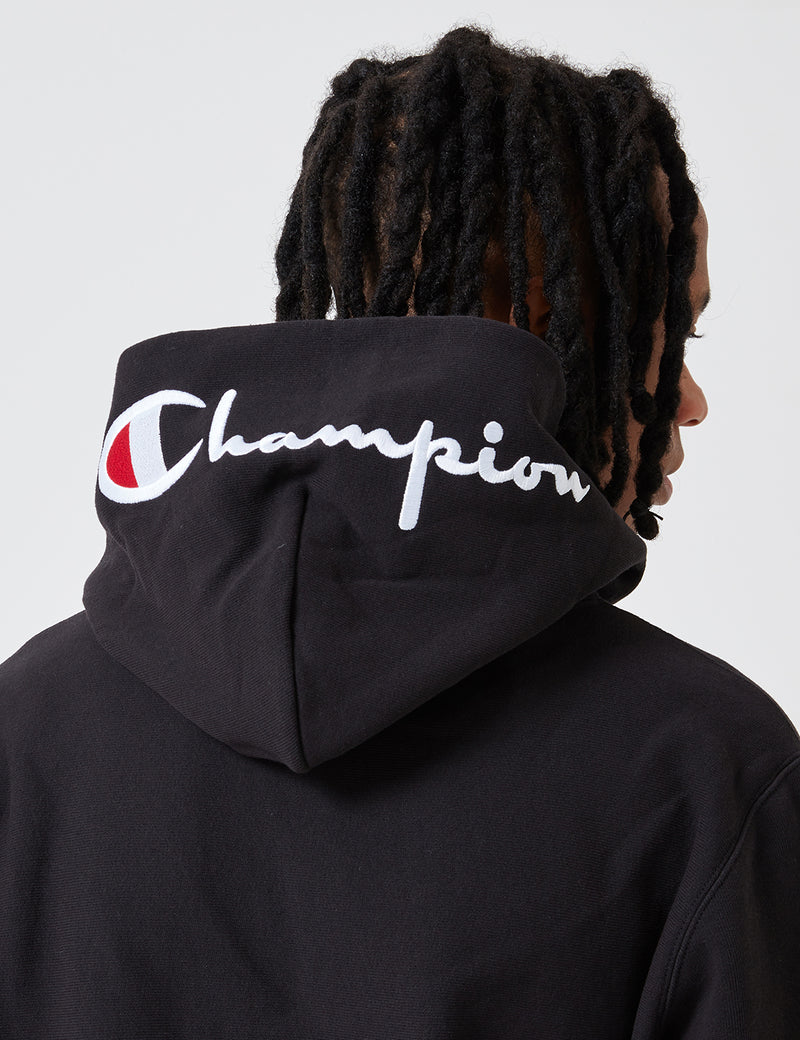 Champion Reverse Weave Hoodie Sweatshirt Hood Logo - Black