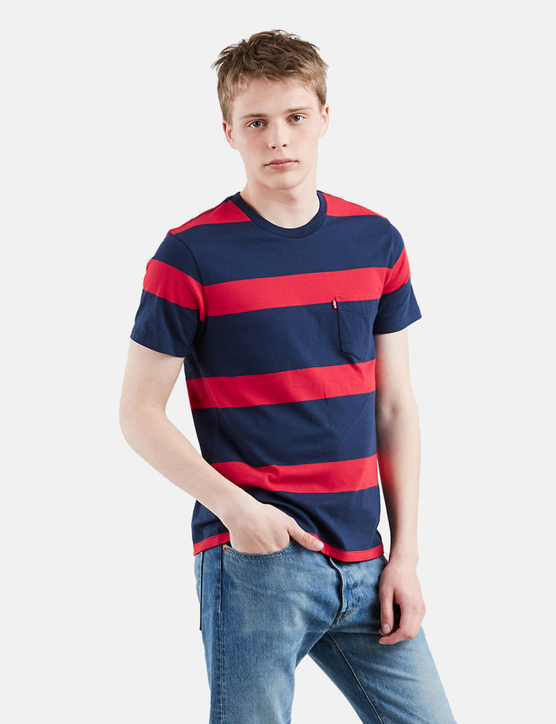 リーバイスセットインサンセットポケットTシャツ（ストライプ）-ドレスブルー/ライチレッド
