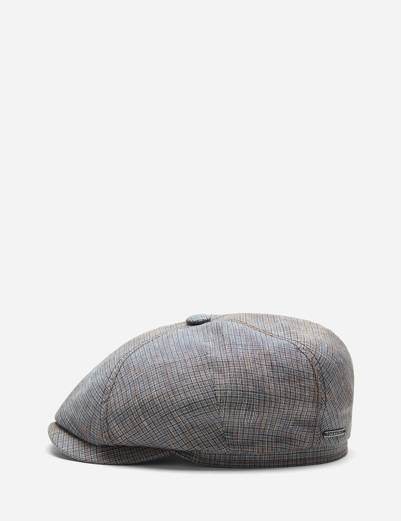 Stetson 4-Panel Flat Cap (Linen) - Brown/Blue Check