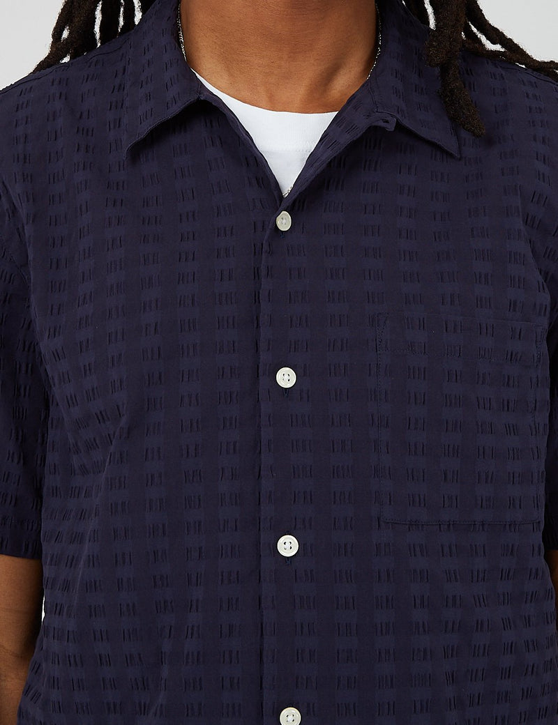 Bhode Cuca Hemd mit kubanischem Kragen (Seersucker) - Marineblau
