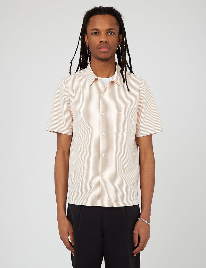 Bhode Cuca Stripe Cuban Collar Short Sleeve Shirt (Seersucker)-화이트/시나몬