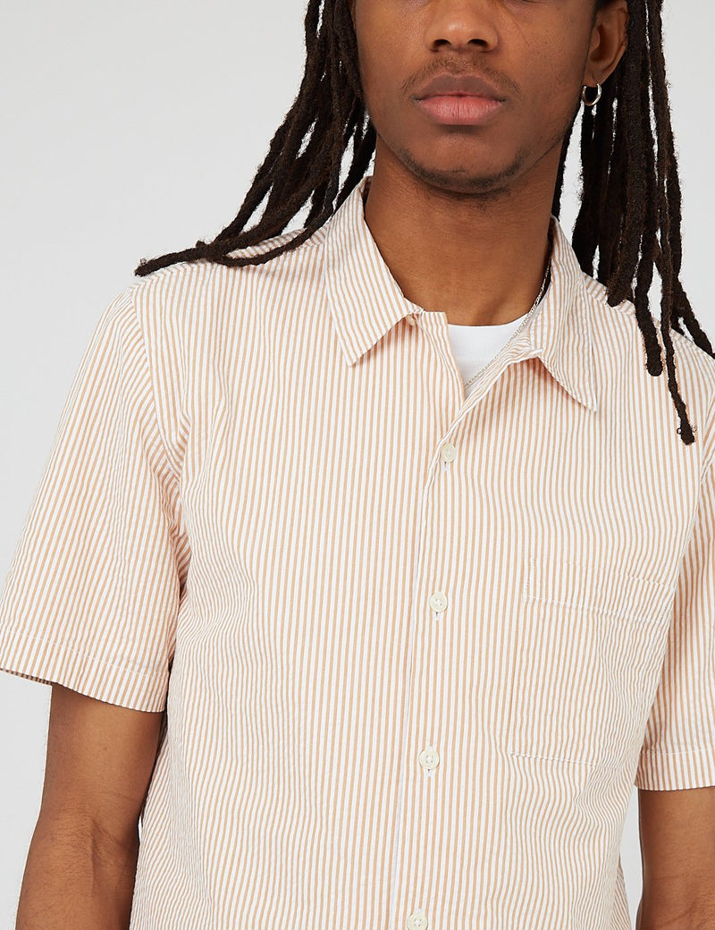 Chemise à Manche Courte Bhode Cuca Stripe Cuban Collar (Seersucker) - White/Cinnamon
