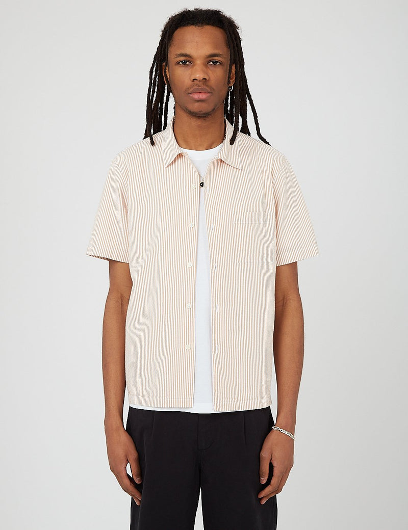 Bhode Cuca Stripe Cuban Collar Short Sleeve Shirt (Seersucker)-화이트/시나몬