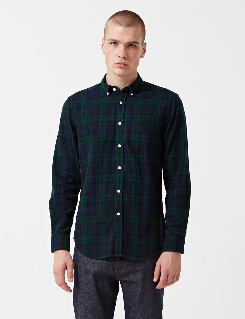 Portuguese Flannelボンフィムチェックシャツ-グリーン/ネイビーブルー