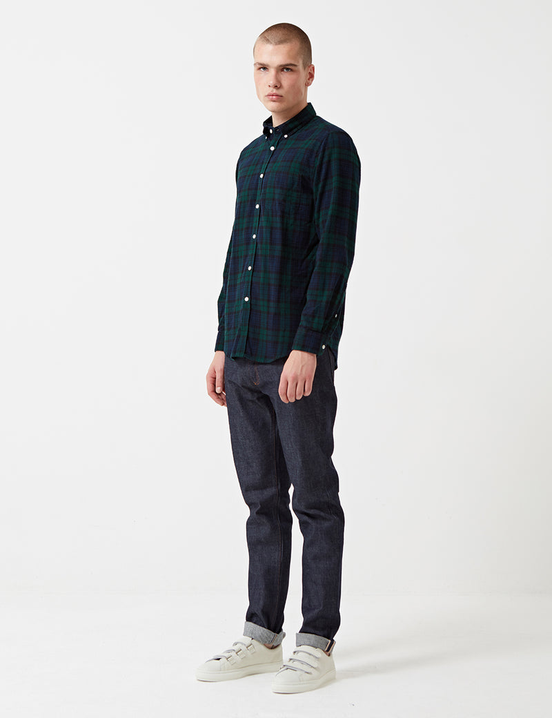 Portuguese Flannelボンフィムチェックシャツ-グリーン/ネイビーブルー