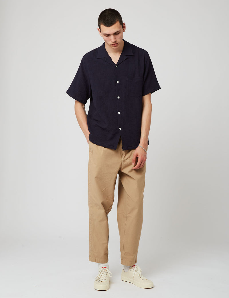 Portuguese FlannelフラメSSシャツ（シアサッカー）-ネイビーブルー