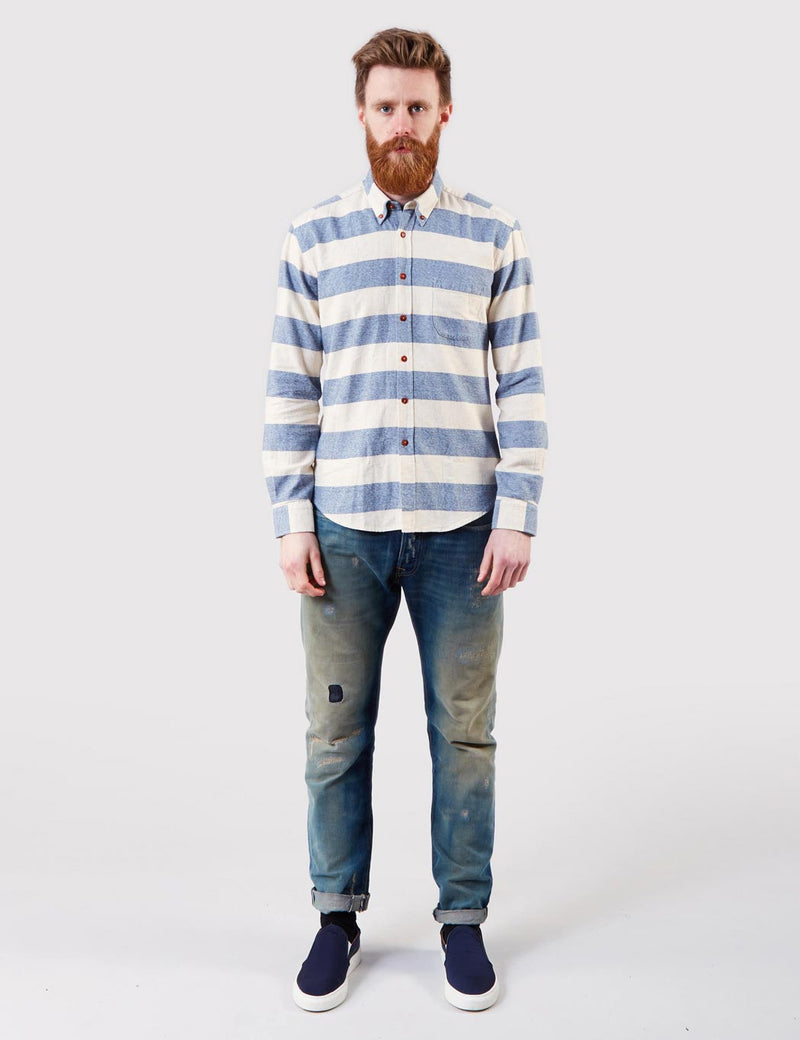 Human Scales Charles Block Stripe Shirt - Ecru/Blue