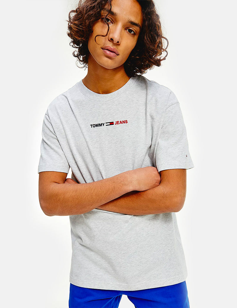 Tommy Jeans 선형 로고 티셔츠 (오가닉 코튼)-실버 그레이 헤더