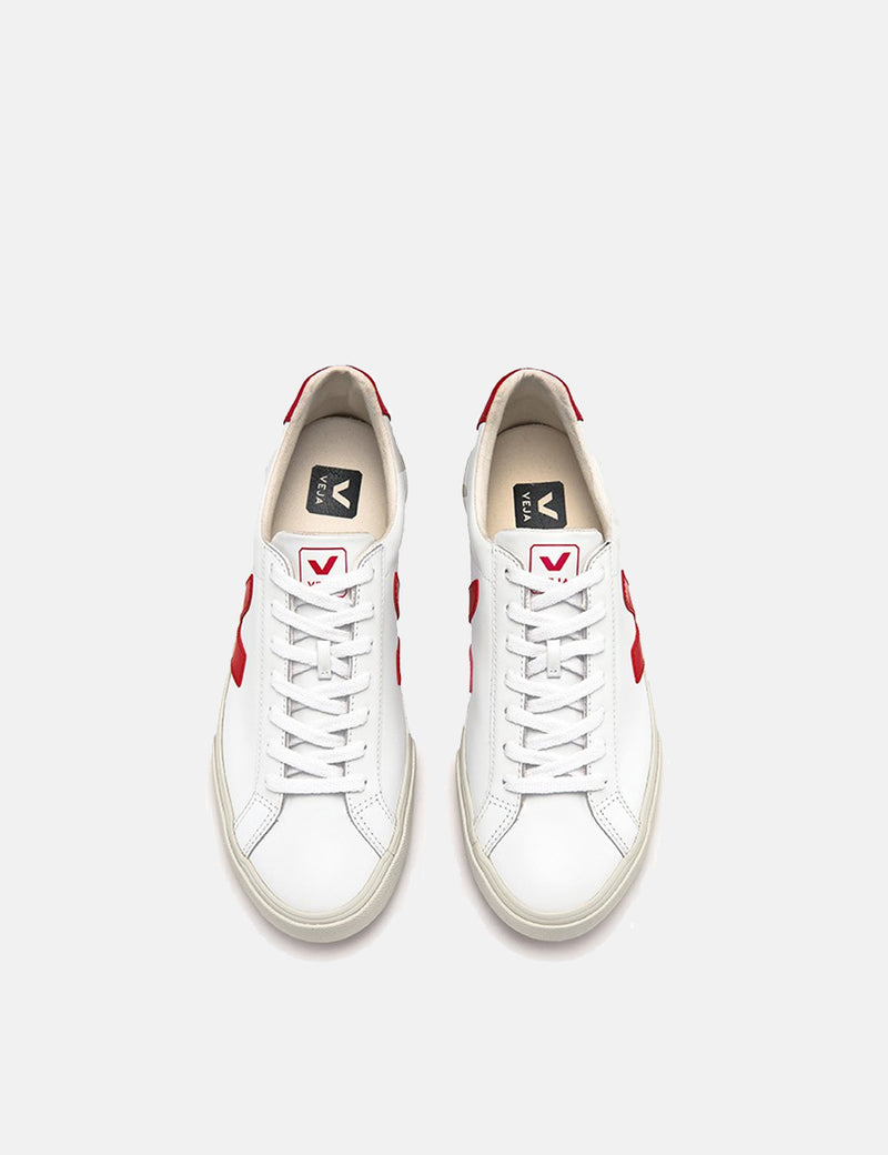 Veja Esplar Low Logo Leather Trainers - Extra White/Pekin Red