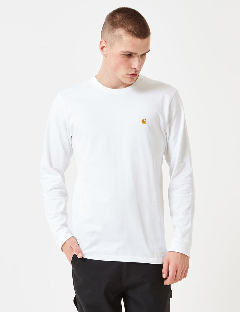 Carhartt-WIP Chase Langarm T-Shirt - Weiß/Gold