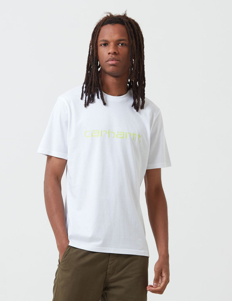 Carhartt-WIP-Skript-T-Shirt - Weiß / Lime