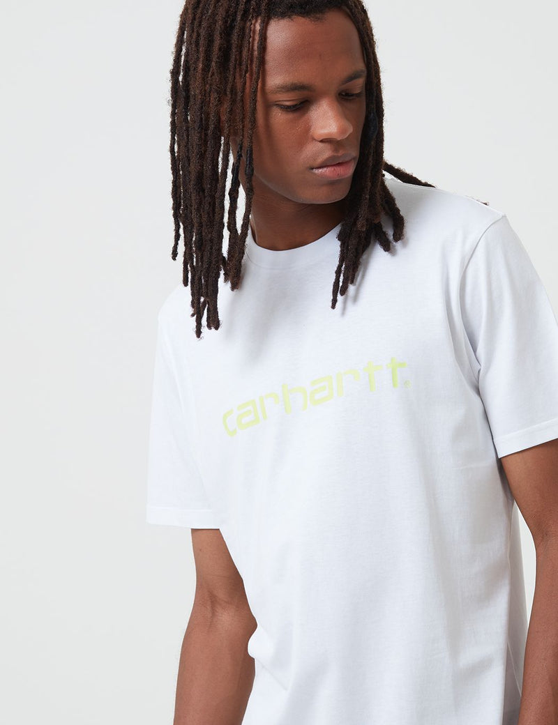 Carhartt-WIP 스크립트 티셔츠-화이트/라임