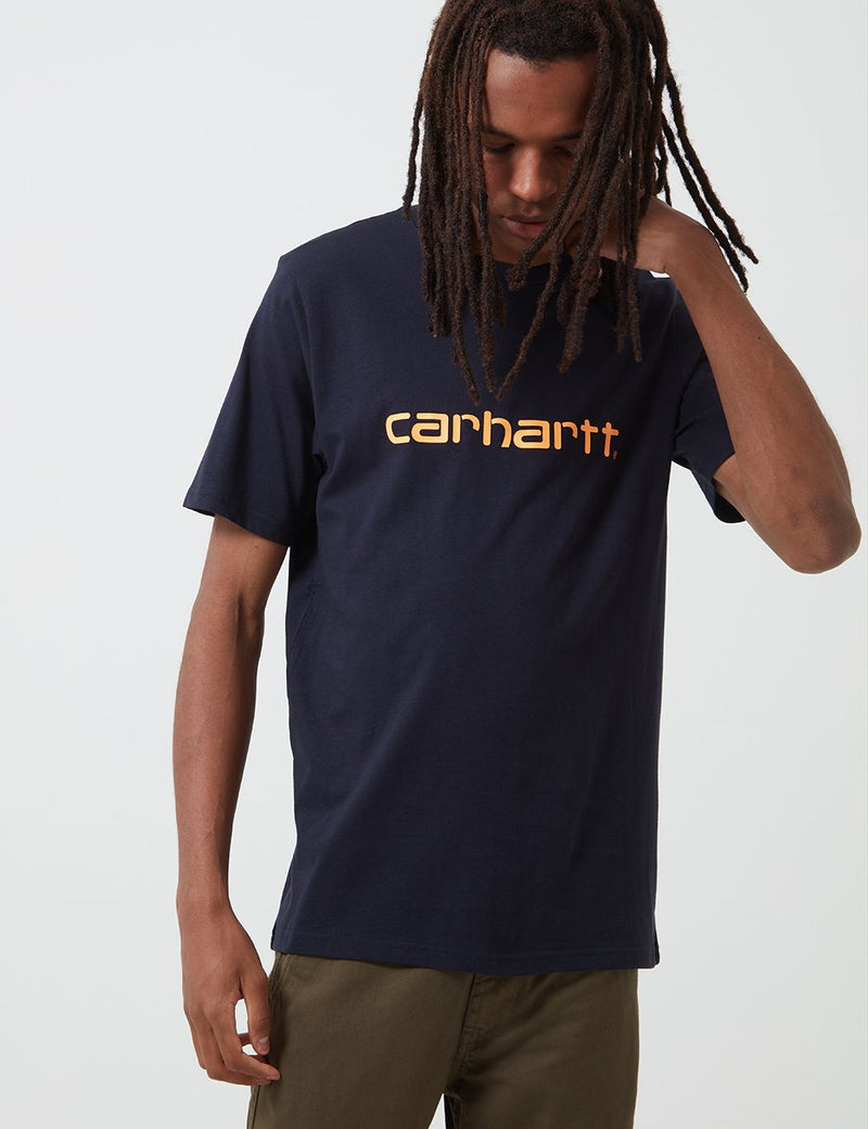 Carhartt-WIP 스크립트 티셔츠-다크 네이비 블루/팝 오렌지