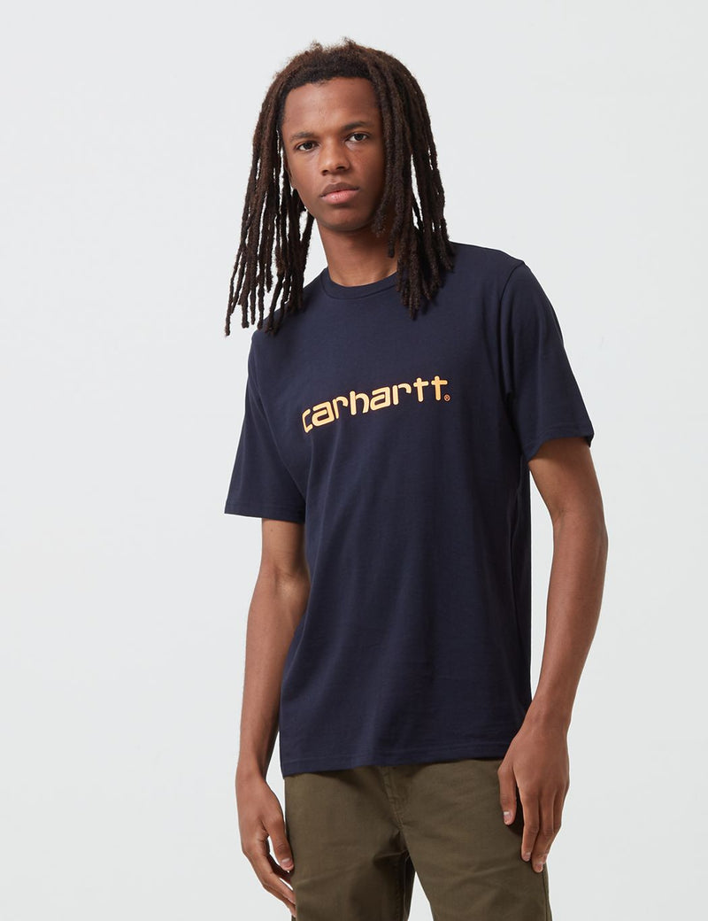 Carhartt-WIP-Skript-T-Shirt - Dark Navy Blue / Pop orange