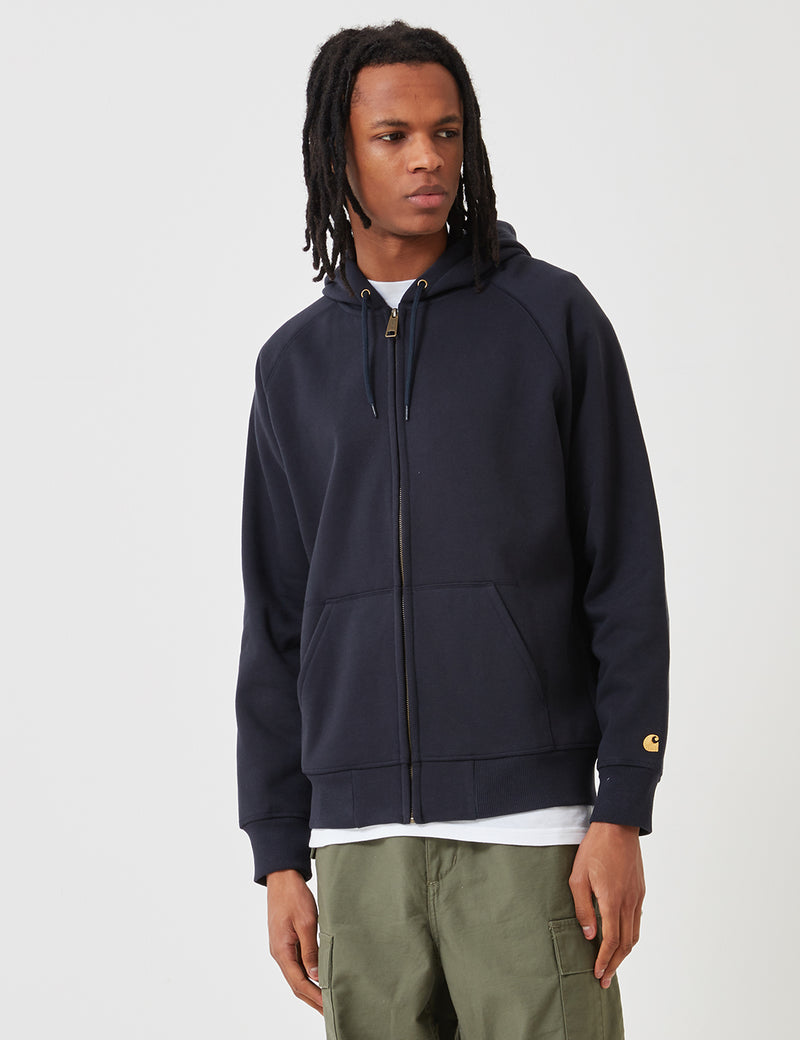 Carhartt-WIP Chase Hooded Zip Sweatshirt - Dark Navy Blue/Gold