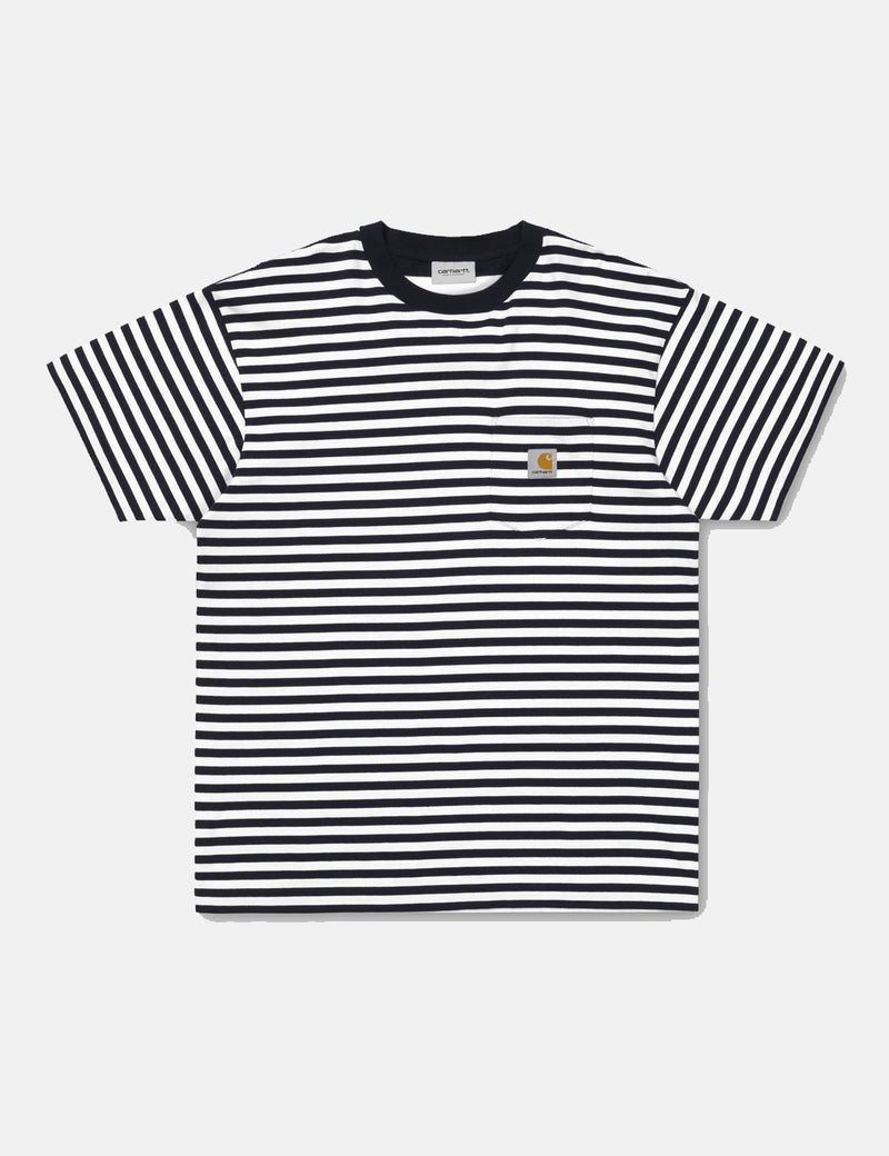 カーハート-WIPバークレーポケットストライプTシャツ-ダークネイビーブルー/ホワイト