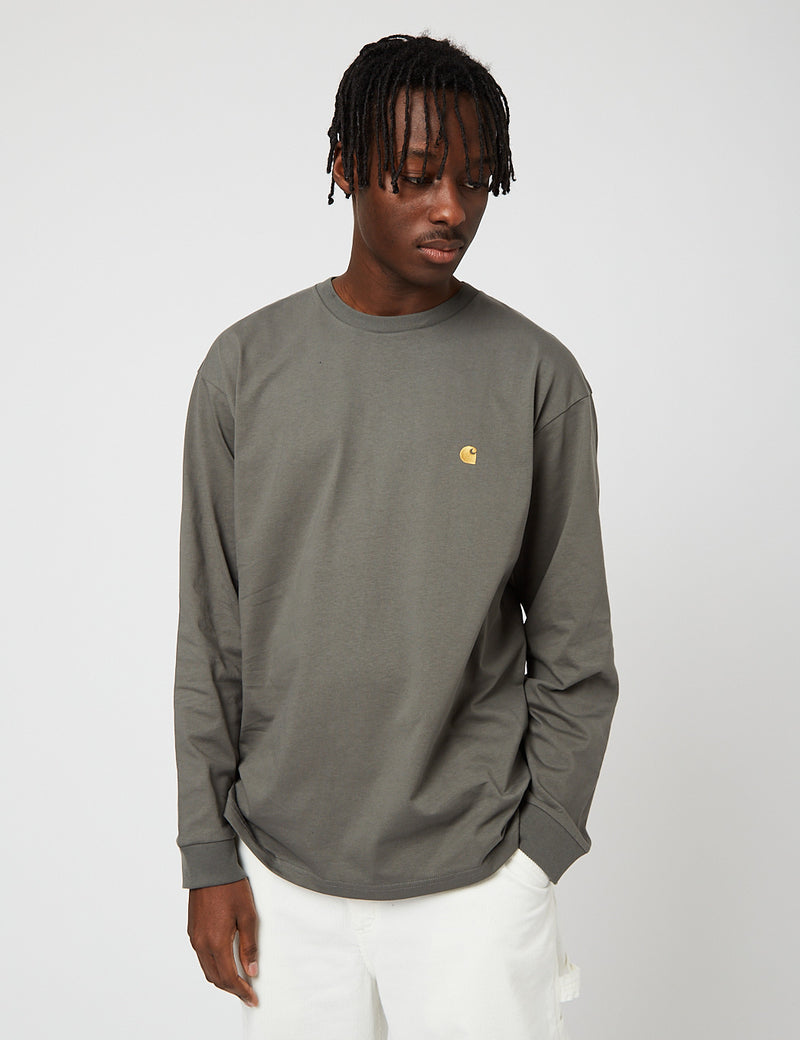 Carhartt-WIPチェイス長袖Tシャツ-タイムグリーン/ゴールド
