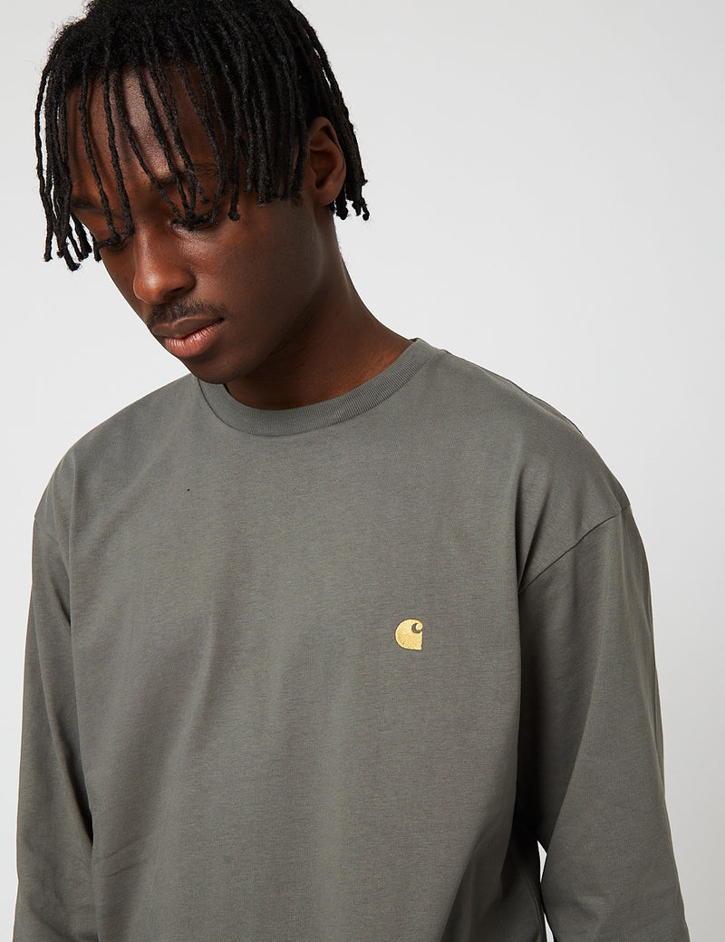 Carhartt-WIPチェイス長袖Tシャツ-タイムグリーン/ゴールド