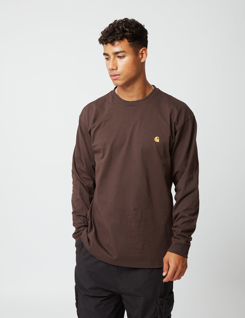 Carhartt-WIPチェイスロングスリーブTシャツ-ダークアンバーブラウン