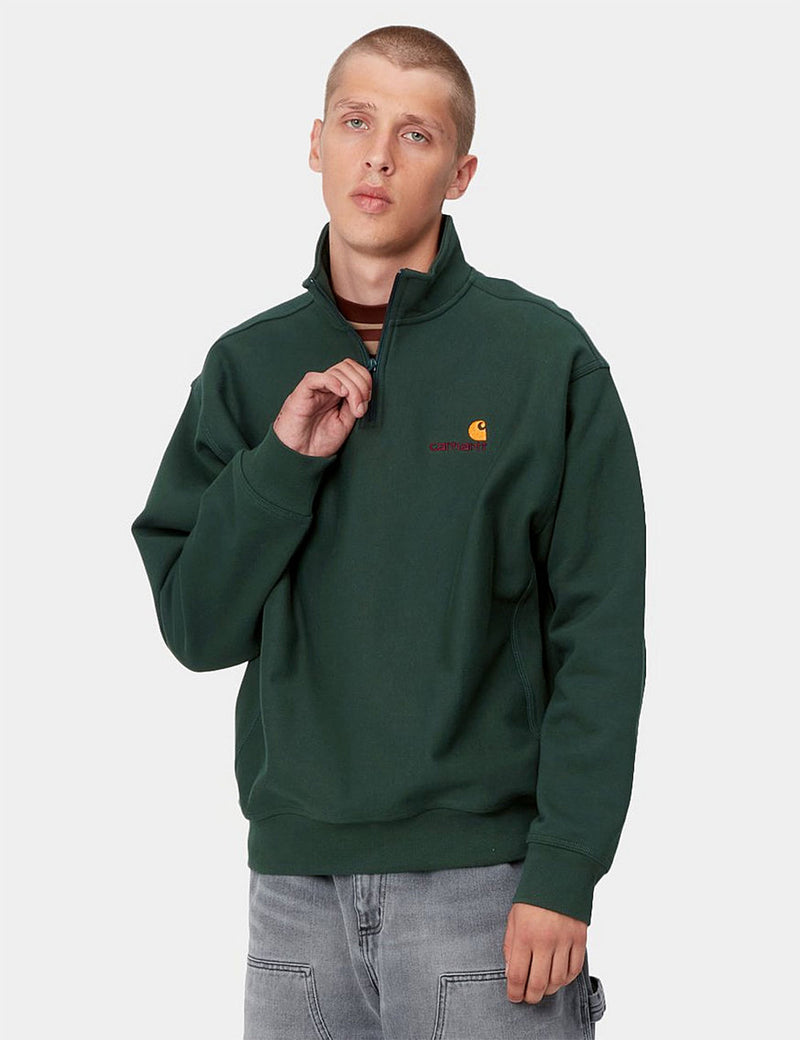 Carhartt-WIPハーフジップアメリカンスクリプトスウェットシャツ-グローブグリーン